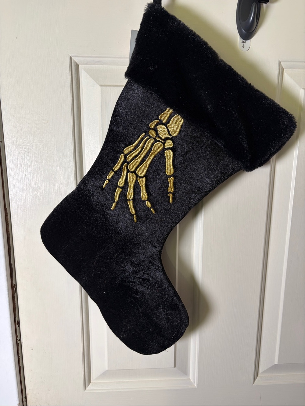 Black Velvet Holiday Stocking with Gold Skeleton Hand Embroidery